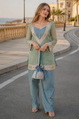 Blue silk bled  readymade suit with real mirror & sequence work