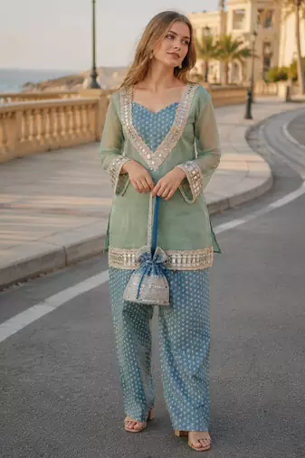 Blue silk bled  readymade suit with real mirror & sequence work