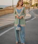 Blue silk bled  readymade suit with real mirror & sequence work