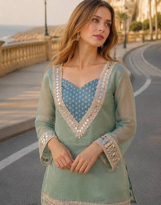 Blue silk bled  readymade suit with real mirror & sequence work 2
