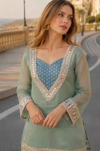 Blue silk bled  readymade suit with real mirror & sequence work