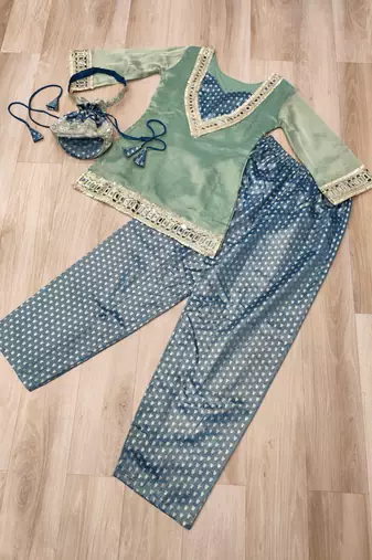 Blue silk bled  readymade suit with real mirror & sequence work