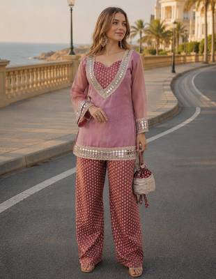 Peach silk blend  readymade suit with real mirror & sequence work 1