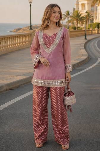 Peach silk blend  readymade suit with real mirror & sequence work