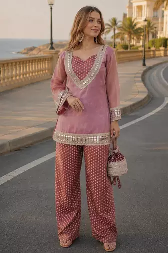Peach silk blend  readymade suit with real mirror & sequence work