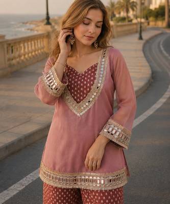 Peach silk blend  readymade suit with real mirror & sequence work 2