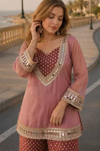 Peach silk blend  readymade suit with real mirror & sequence work