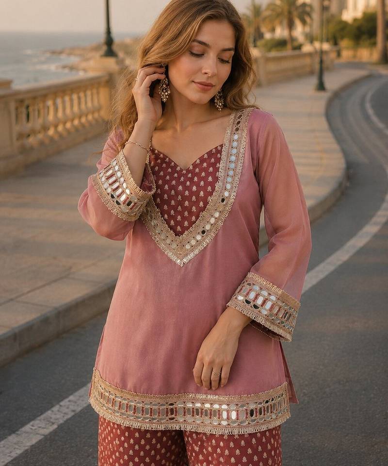 Peach silk blend  readymade suit with real mirror & sequence work
