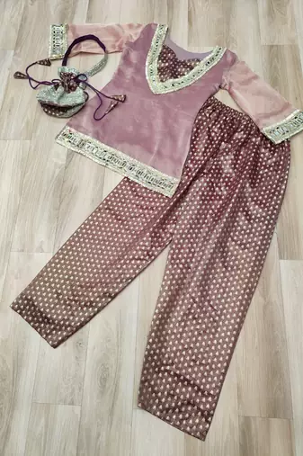 Peach silk blend  readymade suit with real mirror & sequence work