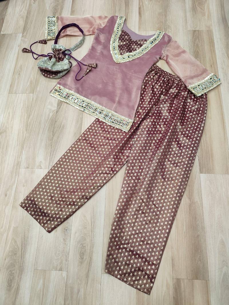 Peach silk blend  readymade suit with real mirror & sequence work