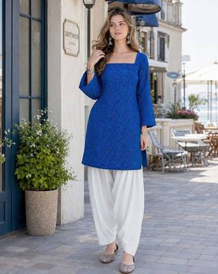 Blue cotton readymade suit with bandhej printed work 1