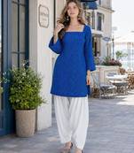 Blue cotton readymade suit with bandhej printed work
