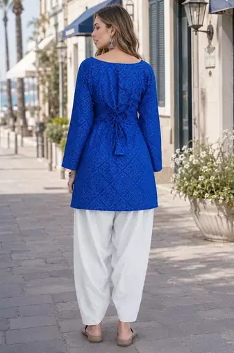 Blue cotton readymade suit with bandhej printed work