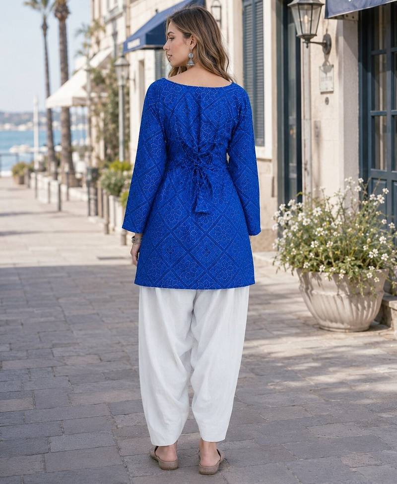 Blue cotton readymade suit with bandhej printed work