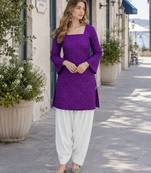 Purple cotton readymade suit with bandhej printed work