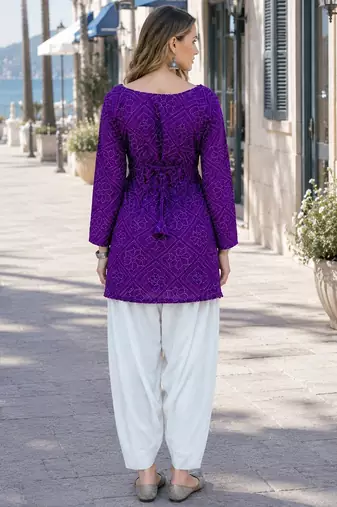 Purple cotton readymade suit with bandhej printed work