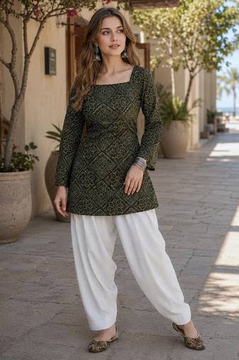Mehendi cotton readymade suit with bandhej printed work