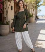 Mehendi cotton readymade suit with bandhej printed work