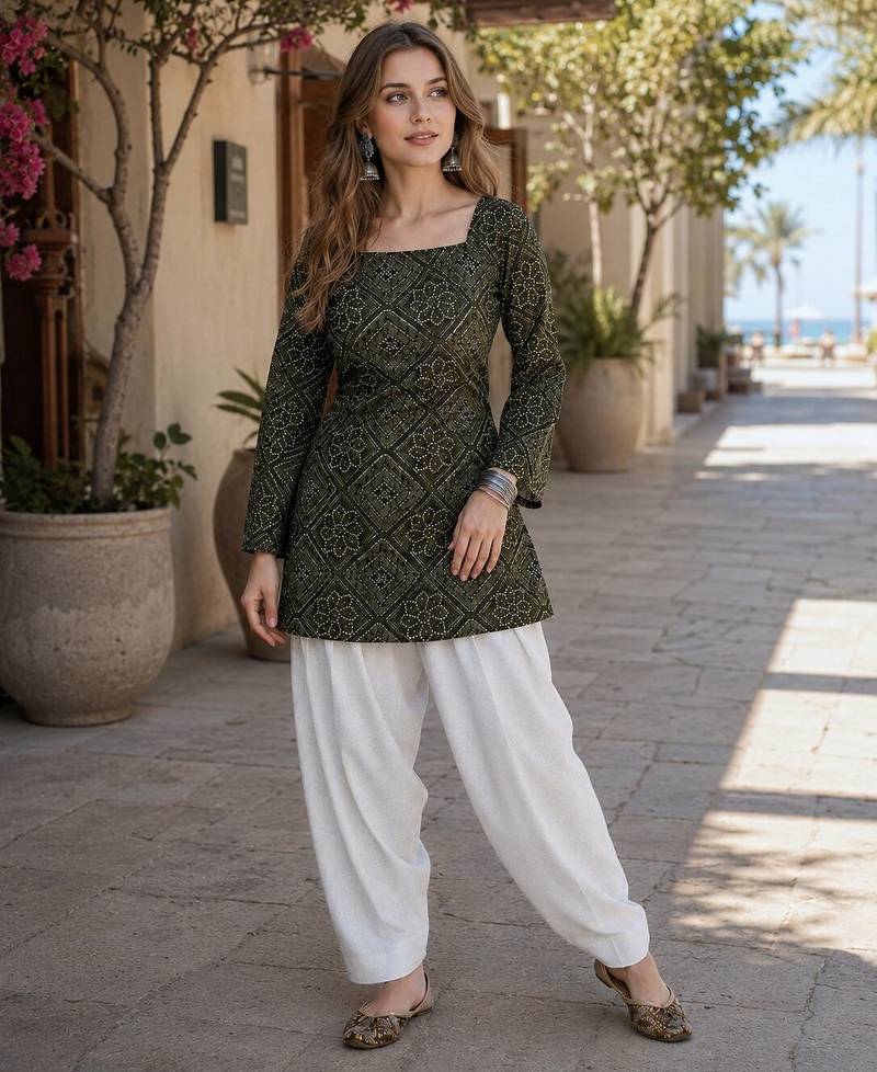 Mehendi cotton readymade suit with bandhej printed work