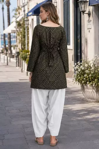 Mehendi cotton readymade suit with bandhej printed work