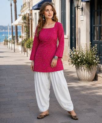 Pink cotton readymade suit with bandhej printed work 1