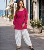 Pink cotton readymade suit with bandhej printed work