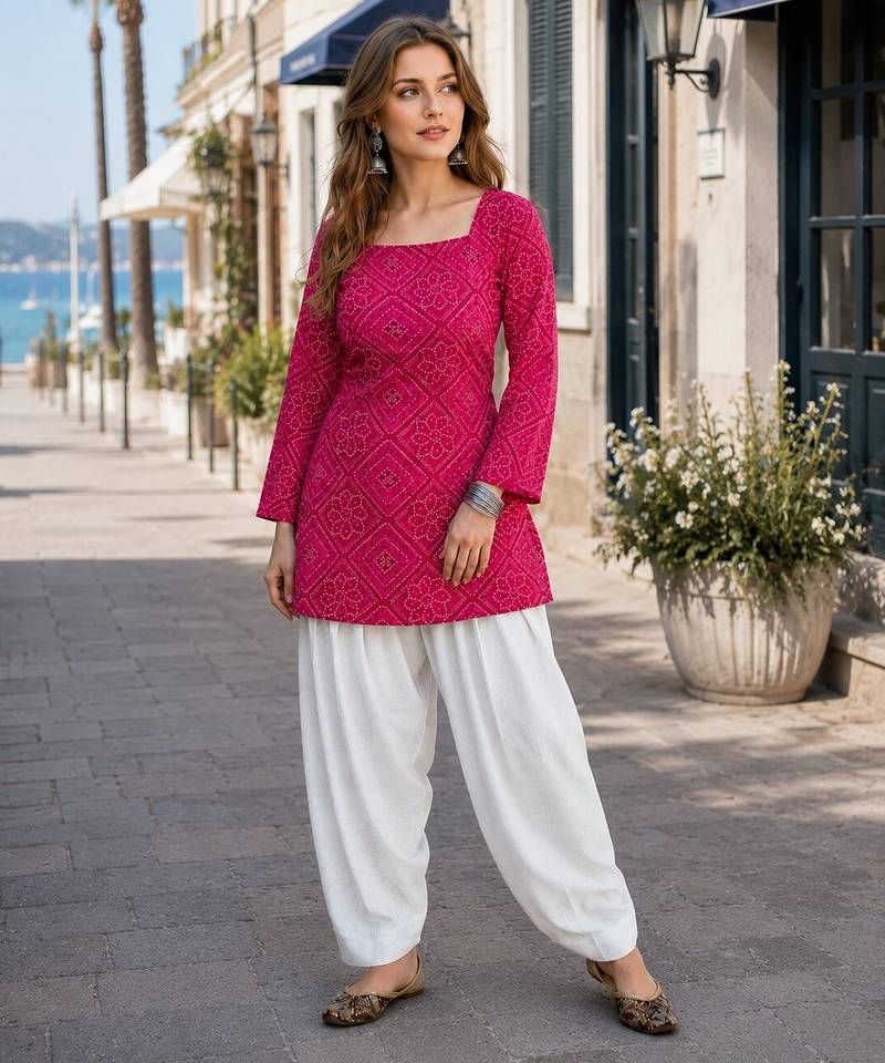 Pink cotton readymade suit with bandhej printed work