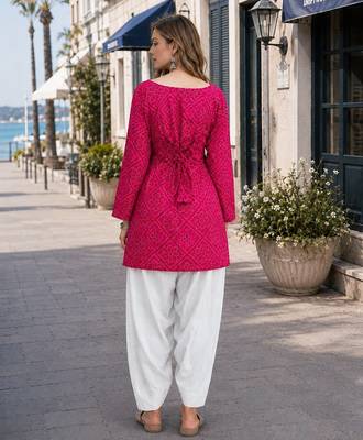 Pink cotton readymade suit with bandhej printed work 2