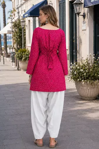 Pink cotton readymade suit with bandhej printed work