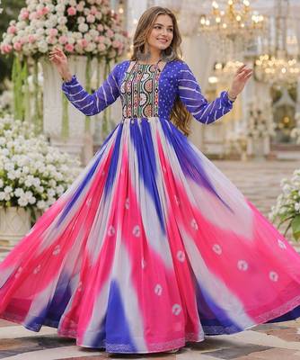 Blue&pink georgette free size stitched navratri anarkali suit with bandhej & embroidery work 1
