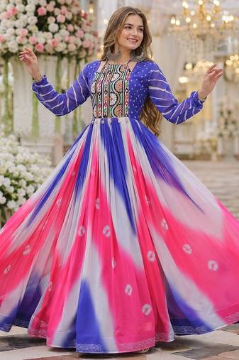 Blue&pink georgette free size stitched navratri anarkali suit with bandhej & embroidery work