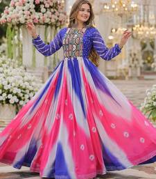 Blue&pink georgette free size stitched navratri anarkali suit with bandhej & embroidery work