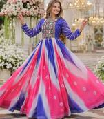 Blue&pink georgette free size stitched navratri anarkali suit with bandhej & embroidery work