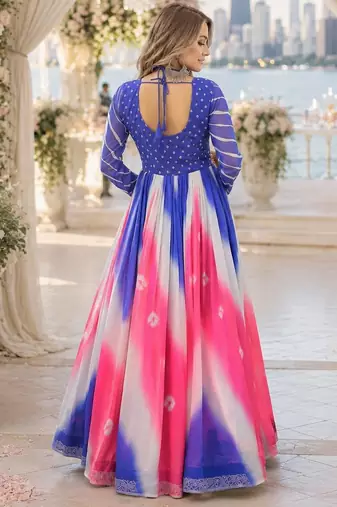 Blue&pink georgette free size stitched navratri anarkali suit with bandhej & embroidery work