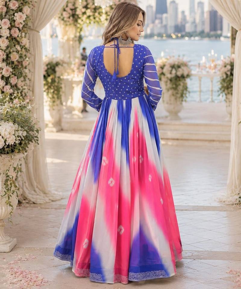 Blue&pink georgette free size stitched navratri anarkali suit with bandhej & embroidery work
