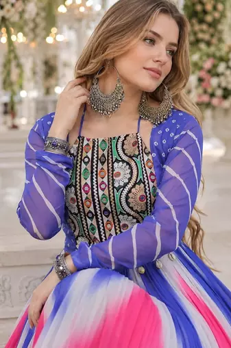 Blue&pink georgette free size stitched navratri anarkali suit with bandhej & embroidery work