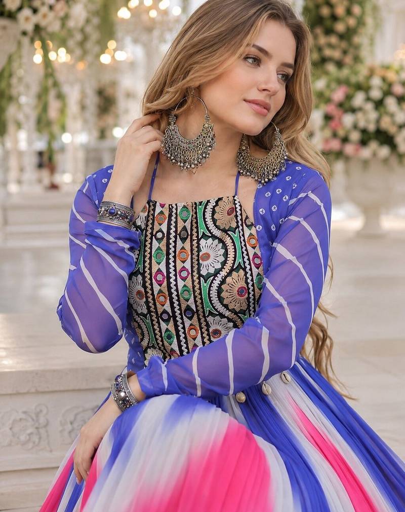 Blue&pink georgette free size stitched navratri anarkali suit with bandhej & embroidery work