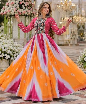 Pink&yellow georgette free size stitched navratri anarkali suit with bandhej & embroidery work 1