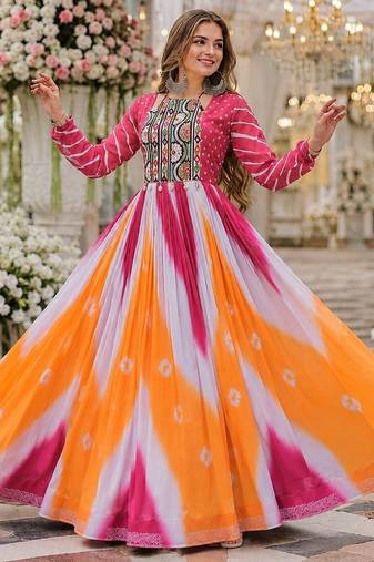 Pink&yellow georgette free size stitched navratri anarkali suit with bandhej & embroidery work