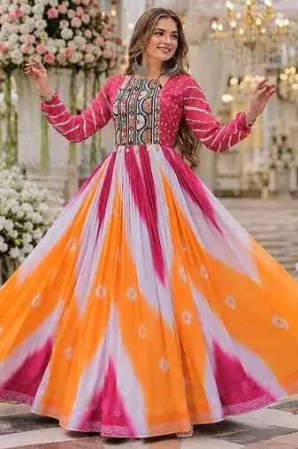 Pink&yellow georgette free size stitched navratri anarkali suit with bandhej & embroidery work