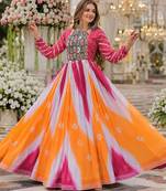 Pink&yellow georgette free size stitched navratri anarkali suit with bandhej & embroidery work