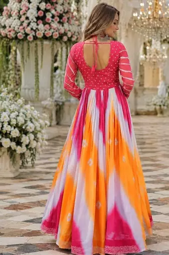 Pink&yellow georgette free size stitched navratri anarkali suit with bandhej & embroidery work