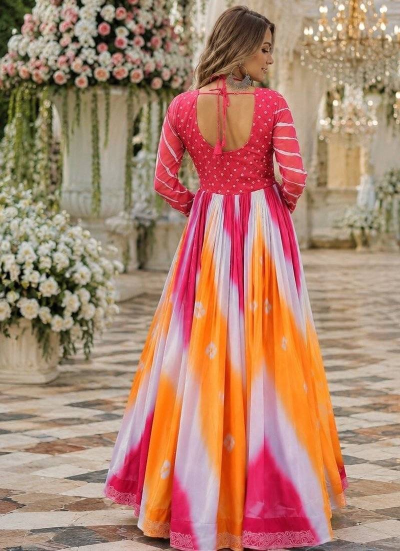 Pink&yellow georgette free size stitched navratri anarkali suit with bandhej & embroidery work