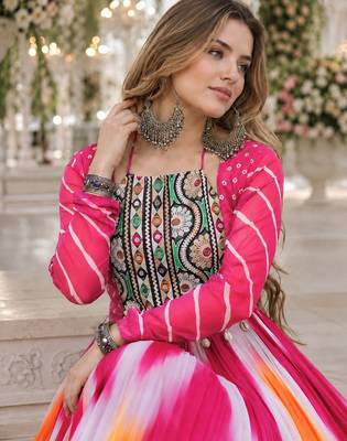 Pink&yellow georgette free size stitched navratri anarkali suit with bandhej & embroidery work 3