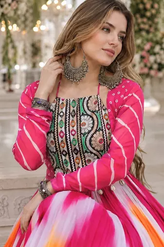 Pink&yellow georgette free size stitched navratri anarkali suit with bandhej & embroidery work