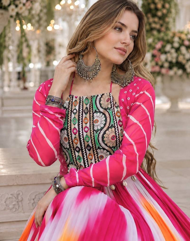 Pink&yellow georgette free size stitched navratri anarkali suit with bandhej & embroidery work