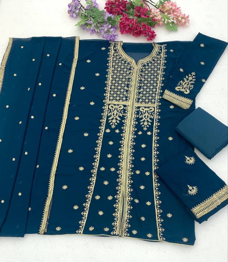 Teal blue premium faux georgette embroidered suit set