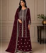 Wine premium faux georgette embroidered suit set