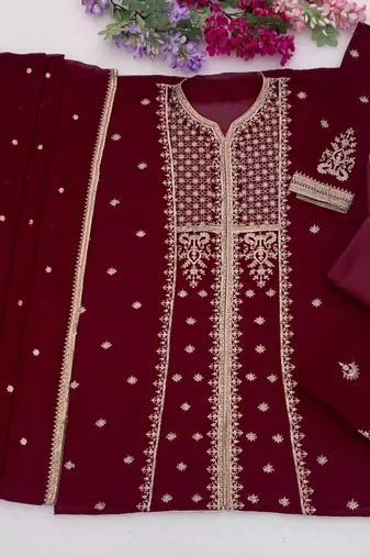 Wine premium faux georgette embroidered suit set