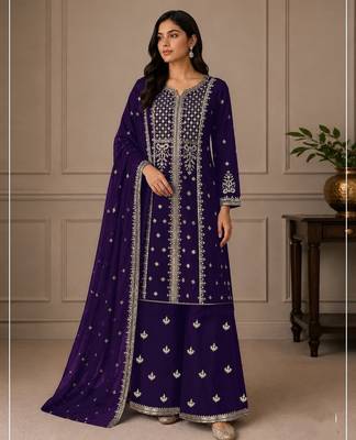 Purple premium faux georgette embroidered suit set 1